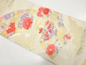 アンティーク　地紙に鴛鴦・牡丹・菊・梅模様織り出し袋帯（材料）